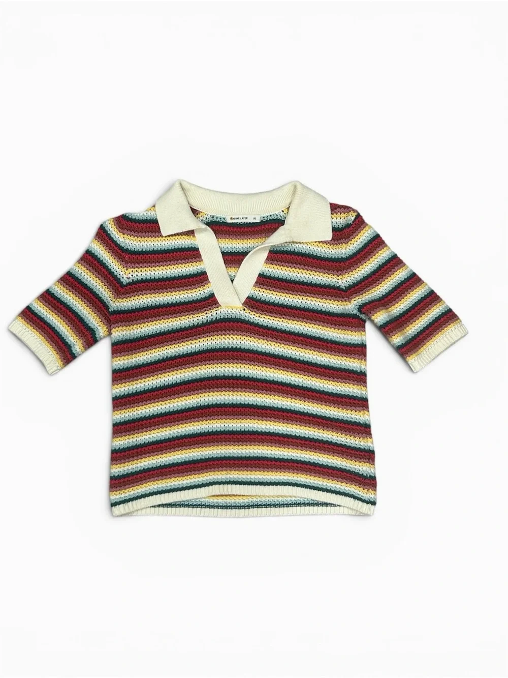 🌈 Retro Marine Layer Multi-Stripe Crochet Polo Sweater 🌈 - Picture 2 of 4